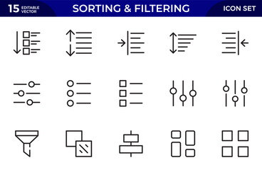 sorting and filtering related linear icons on white background. Templates of data processing, structure order, digital management and other icons for business. Flat cartoon vector illustration.