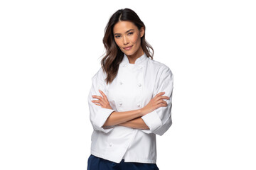 Confident female chef in a white uniform, standing with crossed arms, isolated on transparent background