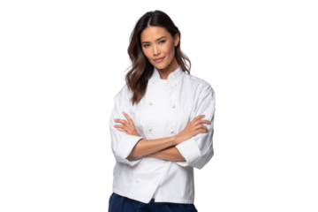 Confident female chef in a white uniform, standing with crossed arms, isolated on transparent background