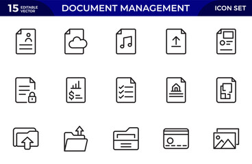 Document Management Icon Set. Streamlined icons for organizing, storing, and sharing files, perfect for productivity apps. Thin outline icons pack. Vector illustration