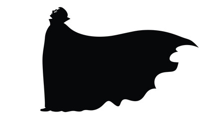 Dramatic black silhouette of a vampire figure looking upward with a dramatically flowing, wide cape, gothic horror vector art, logo design, isolated on white background