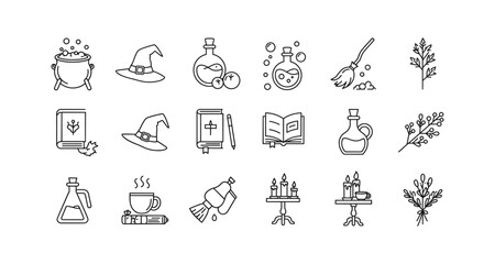 Magical icons set featuring witchcraft items and potions in line art style