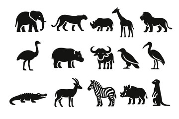 Fototapeta premium Silhouettes of african wildlife animals in black icons