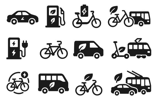 Eco-friendly transportation icons featuring electric and hybrid vehicles