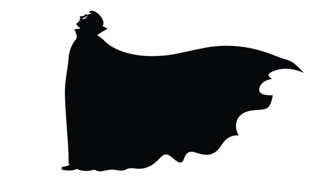 Dramatic black silhouette of a vampire figure looking upward with a dramatically flowing, wide cape, gothic horror vector art, logo design, isolated on white background