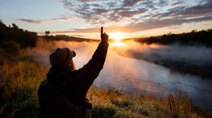 Man standing in front of sunset, holding up peace sign, overlooking river with fog, in nature setting.