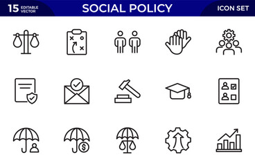 Social Policy line icon set. icons related to education, reform, services, welfare, health care, legislation, society. Thin outline icons pack. Vector illustration
