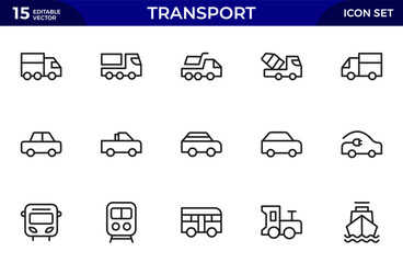 Fototapeta premium Transport line icon set. Containing distribution, shipping, transportation, delivery, cargo, freight, supply chain, export. Thin outline icons pack. Vector illustration