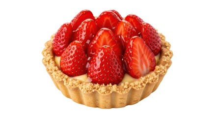 Delicious strawberry tart isolated PNG, sweet dessert with fresh red berries and custard filling on transparent background for pastry design use © Nolan
