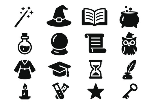 Magic and wizardry icons set: wand, hat, book, cauldron, potion, crystal ball, scroll, owl