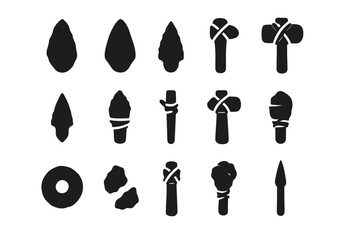 Silhouettes of ancient prehistoric stone tools and weapons