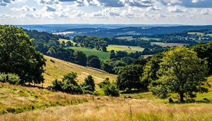 Naklejka premium Expansive vista of a valley framed by vibrant greenery under a partly cloudy sky, featuring rolling hills and fields