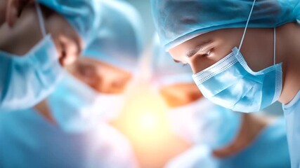 Group of surgeons performing complex defocused operation modern, faceless medical team, surgery visualization detail, blurred operating room, healthcare concept, collaboration inte - Powered by Adobe
