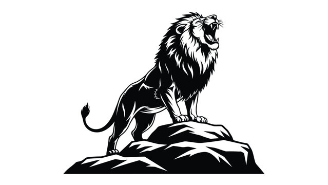 Majestic roaring male lion standing proudly on jagged rock formation, powerful silhouette vector art, emblem or logo design, isolated on white background