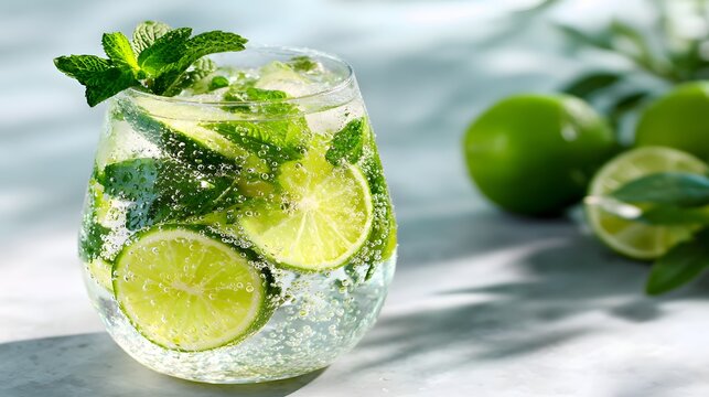 Refreshing sparkling beverage garnished with fresh mint leaves and bright citrus slices sits on a sunlit surface