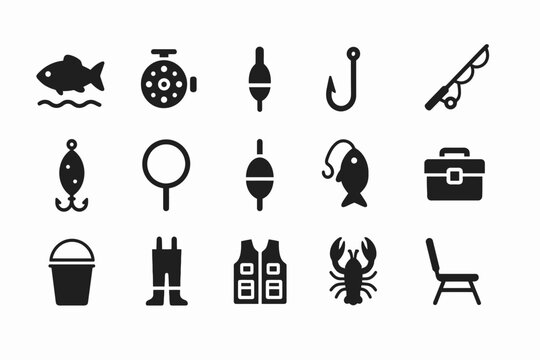 Fishing icons: equipment and tool symbols for anglers
