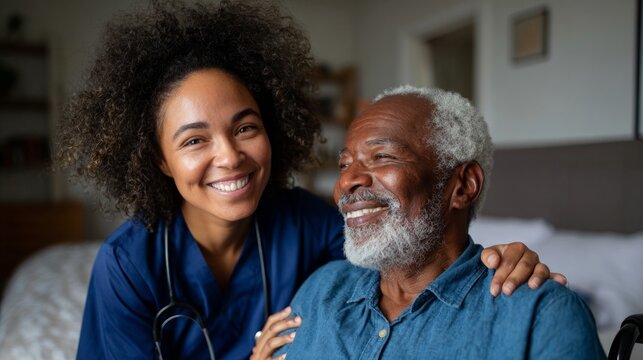 Older man sitting in bed with nurse standing beside him.