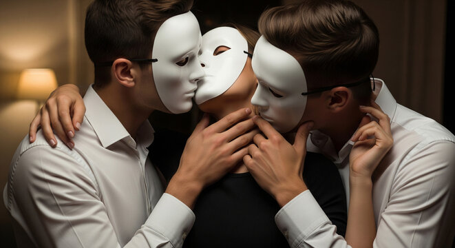 Love concept of three swingers. One charming woman and two men in love kiss and caress a woman, wearing faceless masks in an intimate atmosphere. Swingers, bisexuality, adultery - Powered by Adobe