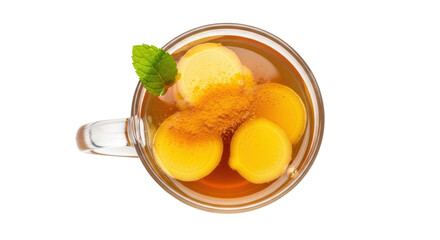 Golden milk tea with turmeric and ginger isolated PNG, healthy ayurvedic drink for wellness and immunity boosting on transparent background