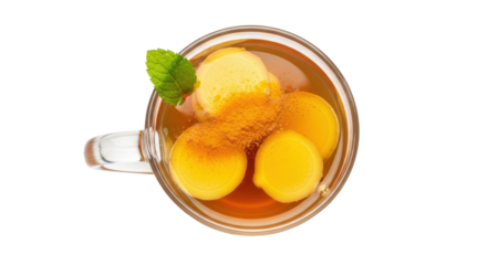 Golden milk tea with turmeric and ginger isolated PNG, healthy ayurvedic drink for wellness and immunity boosting on transparent background
