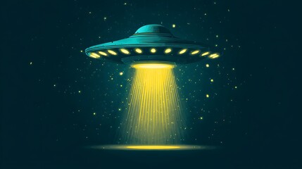 Illuminated flying saucer hovers in dark, starry atmosphere projecting a bright beam downward