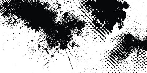 Halftone splattered dots overlay in monochrome clay digital design. Black and white abstract brush strokes with dots and grunge texture creating urban distressed composition.