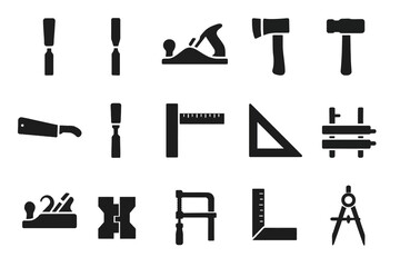 Obraz premium Set of black icon silhouettes of various woodworking tools