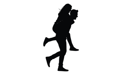 Silhouette of happy young couple running together with woman giving piggyback ride, playful romance and fun activity, clean vector art, isolated on white background