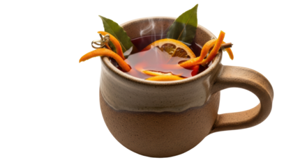 Aromatic mulled wine in rustic mug isolated PNG, traditional winter beverage with orange peel and bay leaves on transparent background