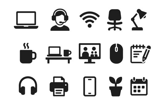 Black icon set of remote work essentials including technology and office equipment