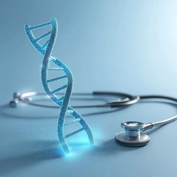 Glowing blue DNA helix structure standing next to a medical stethoscope on blue background. Concept of genetic testing and personalized medicine