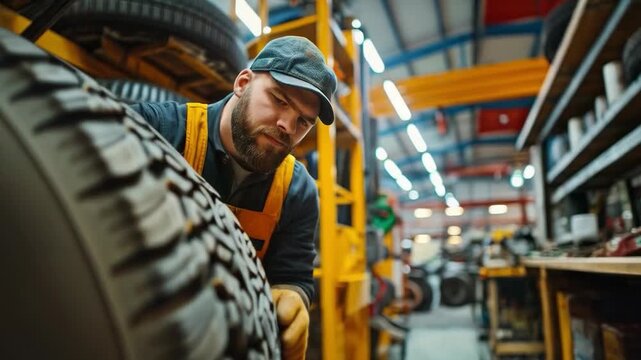 A craftsman wearing protective gloves meticulously inspects the treads of a huge tyre on the production line, emphasising the importance of quality control in the industrial sector. This is ideal as a