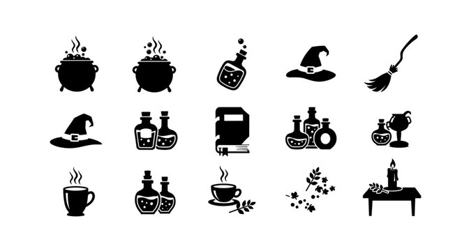 Mystical witchcraft icons: potion bottles, cauldron, spellbook, hat, and broom silhouettes