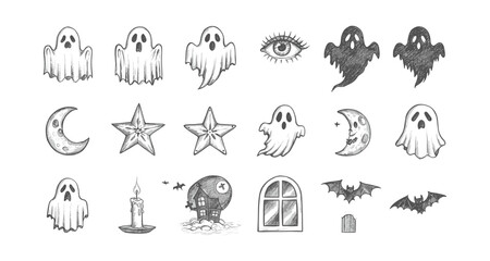 Spooky pencil sketch halloween icons featuring ghosts and stars