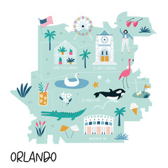 Illustrated map of Orlando Florida with attractions and landmarks