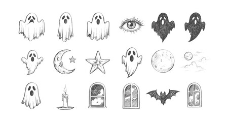 Hand drawn spooky halloween elements with ghosts and moon