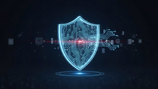 Holographic shield illustrating cybersecurity concept. Digital data protection with circuit board pattern. Secure internet network with privacy technology.