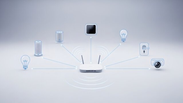 Wireless router connecting various smart home devices like light bulbs, smart speaker, camera, and door lock. Internet of Things (IoT) network concept.