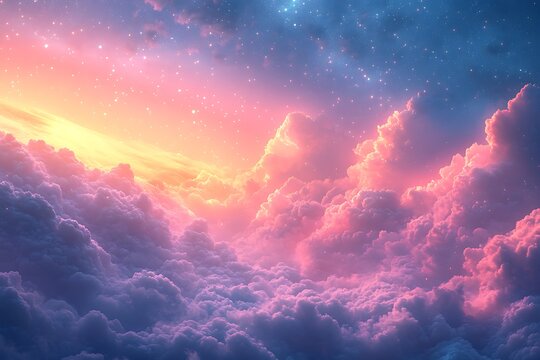 Majestic sky filled with colorful cumulus clouds glowing pink, orange, and purple during a vibrant sunrise - Powered by Adobe
