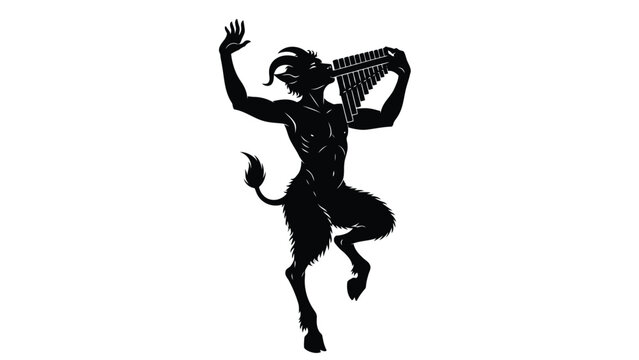 Black silhouette of muscular Pan or Satyr playing a pan flute with raised hand, dynamic mythological creature vector art, logo design, isolated on white background