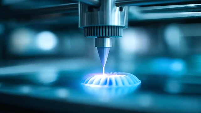 Close-up 3D bioprinter nozzle and defocused fan blue, faceless modern technology, manufacturing visualization detail, blurred background, medical innovation concept, advanced inter