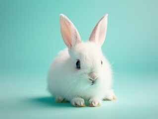 white baby bunny with big eyes on a soft turquoise background
