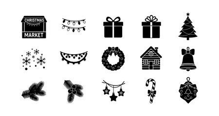 Obraz premium Silhouette christmas icons: trees, gifts, wreaths, and more