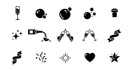 Celebration icons: bubbles, toast, and festive elements in bold silhouette style