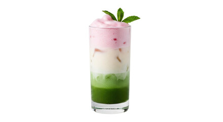 Layered matcha latte with strawberry foam and mint isolated PNG, refreshing drink on transparent background for menu design