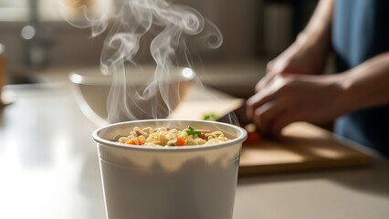 Hot Steaming Noodle Soup in White Cup on Kitchen Counter