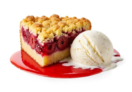 Slice of cherry crumble cake with vanilla ice cream on red plate