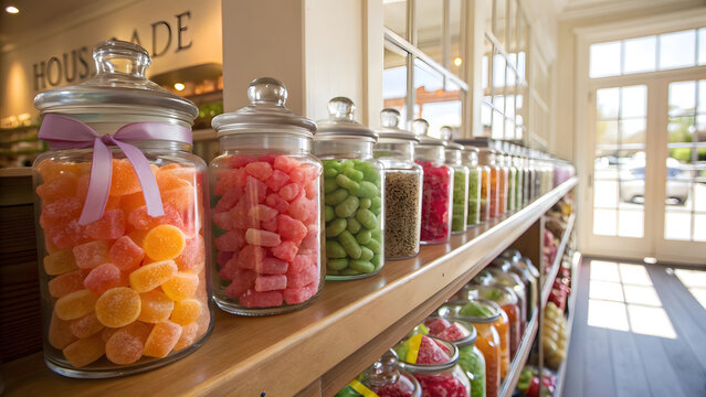 A sunlit bakery shelf lined with clear glass jars brims with colorful candies in a jubilant spectrum of orange, pink, and green—each jar a gleaming jewel box of edible art