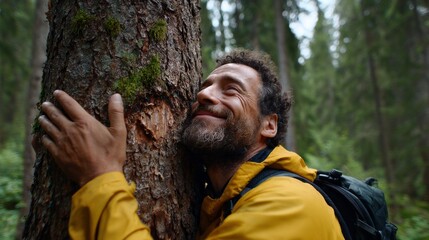 Man hugging tree in forest.