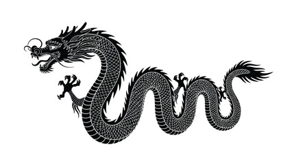 Fototapeta premium Black Chinese Dragon Silhouette with Detailed Scales and Claws Winding in S Shape, Traditional Asian Mythology Symbol, Clean Vector Art Sticker Design, isolated on white background